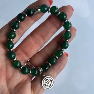 Rustic Cuff Green Agate Beaded Stretch Bracelet Silver Tone Stackable Boho Chic